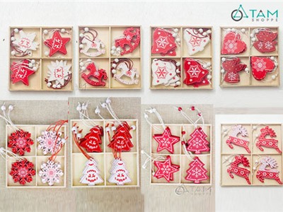 Hộp 12 cái phụ kiện treo Noel gỗ chủ đề trắng đỏ X-HPK-06